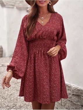 Amazon Rust Red Floral V-Neck Smocked Waist Long Sleeve Mini Dress